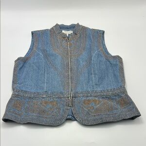 Coldwater Creek Embroidered Denim Vest Large Boho Artisan Blue Gold Zip